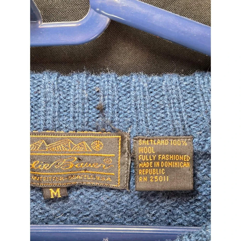 Eddie Bauer Mens Blue 100% Shetland Wool Crewneck Sweater Vintage Size M - Picture 2 of 7